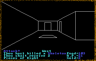 Akalabeth 1st Dungeon facing a Skeleton